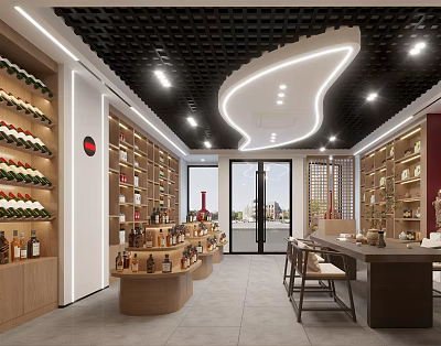 Tobacco And Liquor Store Spacious Interior With Shelves Filled Wines Spirits Display Lighting Customer Tables 3d model