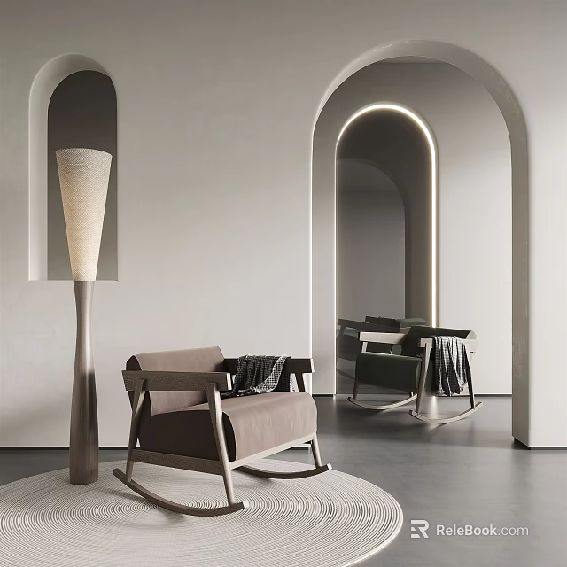 Modern Leisure Chair In Stylish Interior With Arched Doorway Floor Lamp And Rug 3d model 