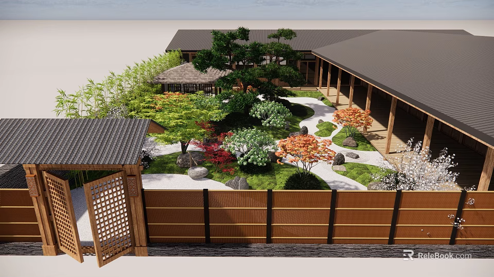 Japanese Indoor Landscape Design With Wooden Structures Rock Formations Stone Paths And Lush Greenery 3d model 
