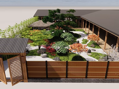 Japanese Indoor Landscape Design With Wooden Structures Rock Formations Stone Paths And Lush Greenery 3d model