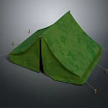 Green Outdoor Tent Structure With Canvas Cover Support Poles And Guy Ropes