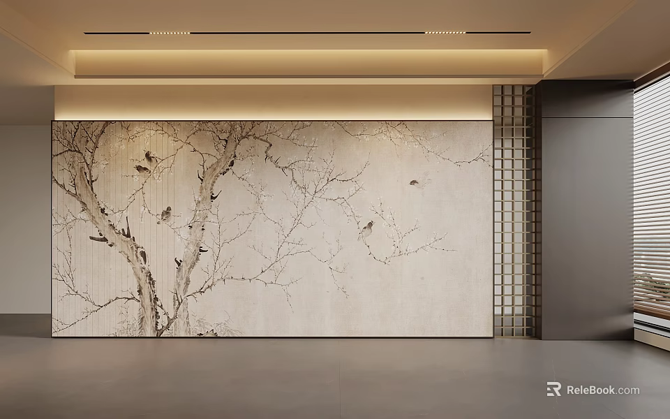 Elegant Interior Beige Background Wall With Tree Branches And Birds Design 3d model