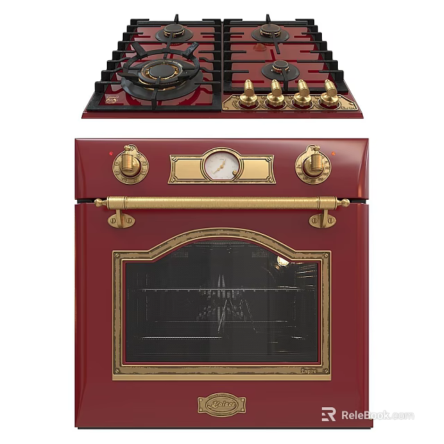 Vintage Red Kitchen Stove With Brass Knobs And Black Burners Design 3d model