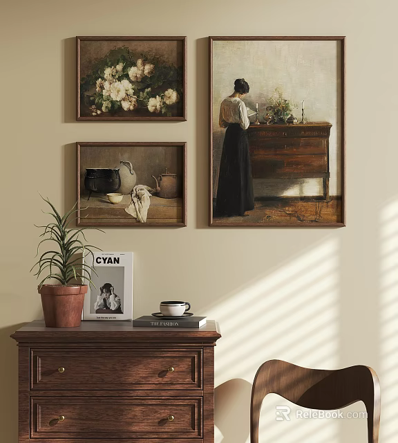 Three Vintage Oil Paintings Floral Still Life Female Figure Wall Decor Cozy Living Room 3d model 
