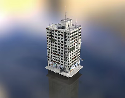 Unfinished High Rise Building With Multiple Windows And Base Platform On Water Surface 3d model