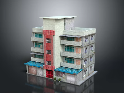 Multi Story Building Model With Red Gray Walls And Blue Awnings Windows Doors 3d model