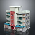 Multi Story Building Model With Red Gray Walls And Blue Awnings Windows Doors