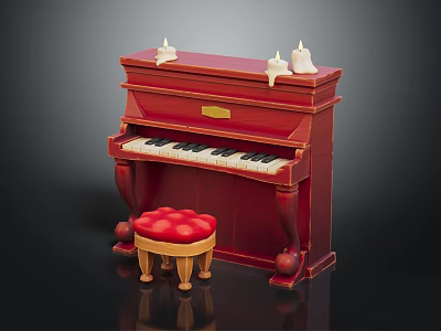 Red Upright Piano With Stool And Candle Decorations On Top 3d model