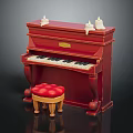 Red Upright Piano With Stool And Candle Decorations On Top