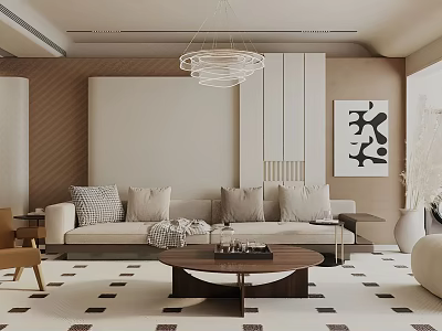 Modern Minimalist Living Room Interior With Beige Sofa Geometric Rug And Hanging Chandelier 3d model