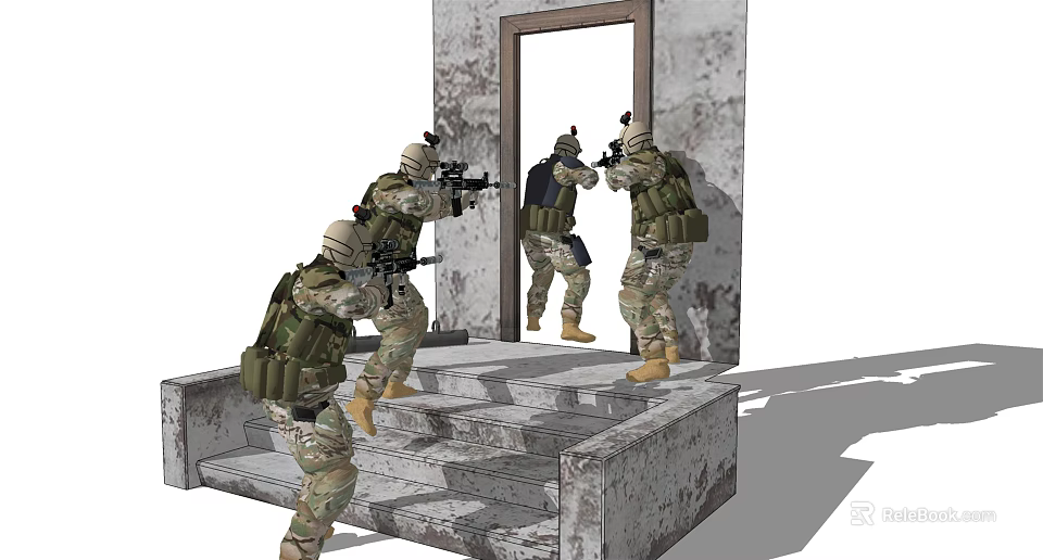 Game Movie Characters In Camouflage Uniforms Tactical Gear And Firearms Near Stone Steps Doorway 3d model 