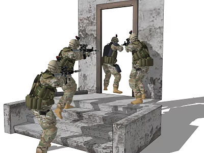 Game Movie Characters In Camouflage Uniforms Tactical Gear And Firearms Near Stone Steps Doorway 3d model
