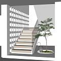 Modern Interior Staircase Design With Wooden Steps Glass Railing White Grid Wall And Potted Tree