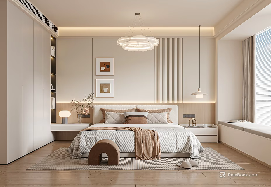 Modern Minimalist Bedroom Interior With Headboard Pillows Blanket Chandelier Framed Pictures And Rug 3d model 