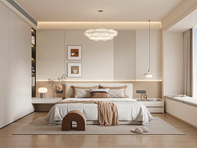 Modern Minimalist Bedroom Interior With Headboard Pillows Blanket Chandelier Framed Pictures And Rug 3d model