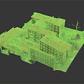 Cartoon Style Red Roof Building Complex Model With Vehicles And Trees