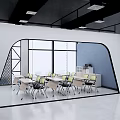 Modern Conference Room With Blue Walls Large Windows Wooden Tables And Green Chairs