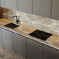 Modern Kitchen With Gray Cabinets Marble Countertop Island Wooden Accents And Built in Oven