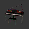 Elegant Black Grand Piano With Red Interior And Wooden Stool Design