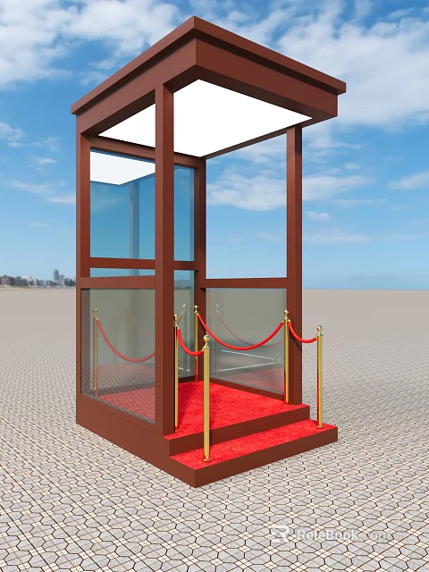 Outdoor Glass Booth With Brown Frame Transparent Glass Red Carpet Golden Railings And Blue Sky 3d model 