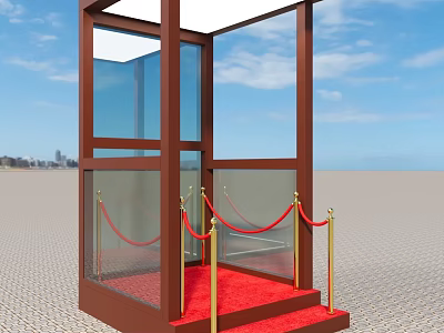 Outdoor Glass Booth With Brown Frame Transparent Glass Red Carpet Golden Railings And Blue Sky 3d model