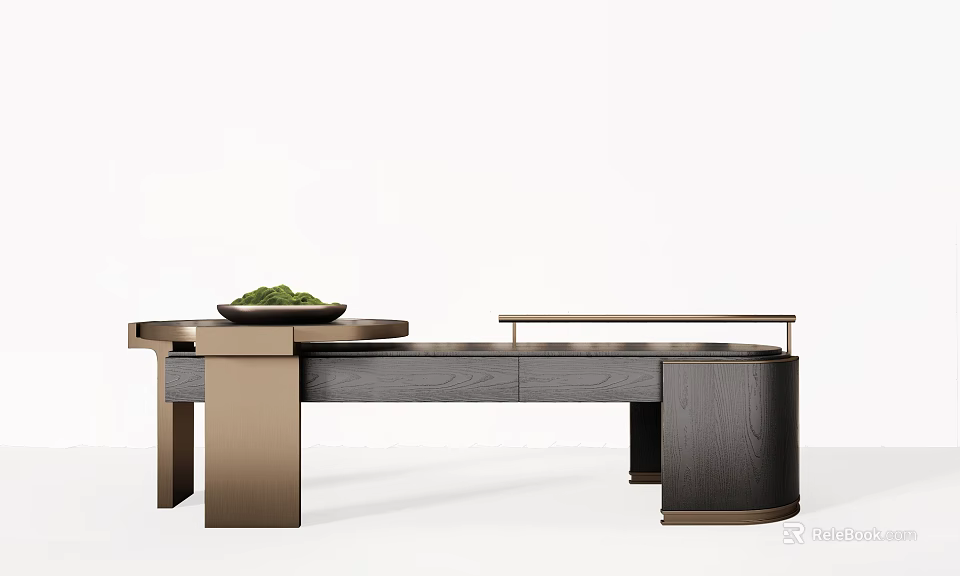 Modern Reception Desk With Wooden Countertop And Brass Metal Legs Design 3d model 