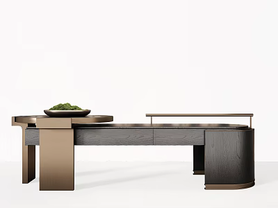 Modern Reception Desk With Wooden Countertop And Brass Metal Legs Design 3d model