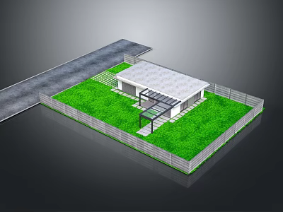 Detached House Featuring Green Lawn Fenced Yard Driveway Flat Roof and Glass Entrance 3d model