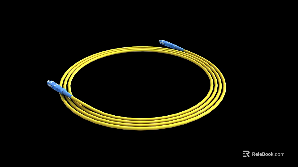 Yellow Fiber Optic Patch Cable With Blue Connectors On Both Ends 3d model 