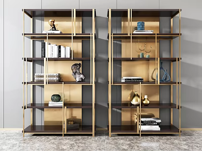 Pair of Modern Bookcases with Gold Frame Black Shelves and Decorative Items 3d model