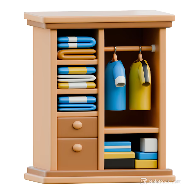 Wooden Bookcase With Shelves Folded Colorful Clothes Hanging Garments And Storage Drawers 3d model 