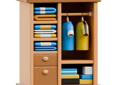 Wooden Bookcase With Shelves Folded Colorful Clothes Hanging Garments And Storage Drawers 3d model
