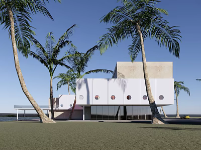 Modern Detached Villa With Palm Trees Waterfront View White Exterior Circular Windows 3d model