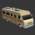 Cartoon Style Beige Camper Van With Red Yellow Stripes And Roof Equipment
