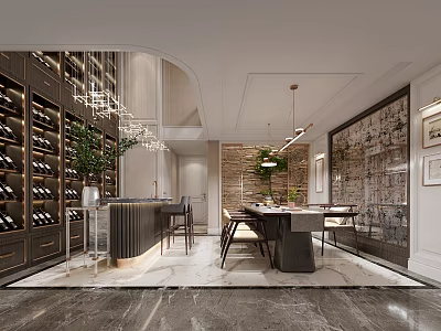 Modern Tea Room Interior Design With Wooden Table Chairs And Decorative Lights 3d model