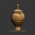 Ancient Clay Jar Sculpture With Intricate Carved Patterns And Decorative Base