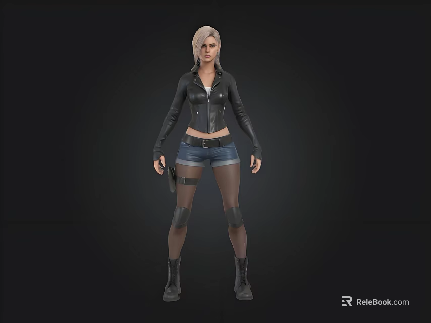 3D Female Character Model With Black Leather Jacket Denim Shorts Holster And Boots 3d model 