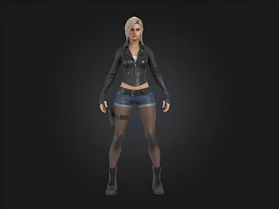 3D Female Character Model With Black Leather Jacket Denim Shorts Holster And Boots 3d model