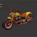 Yellow Vintage Custom Motorcycle With Red Solo Seat Large Wheels Chrome Exhaust Pipes