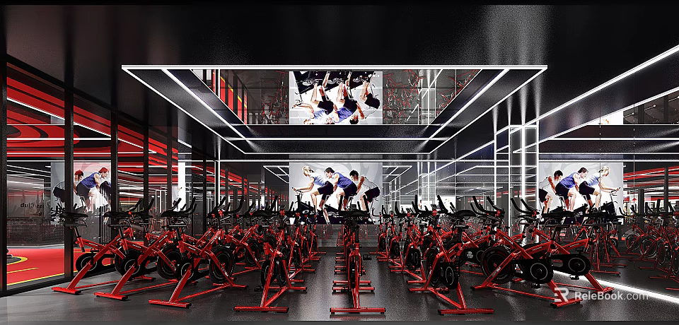 Modern Gym With Red Spin Bikes And Large Screens 3d model