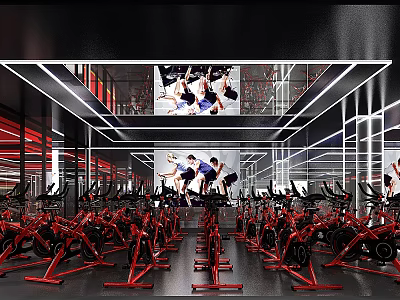 Modern Gym With Red Spin Bikes And Large Screens 3d model