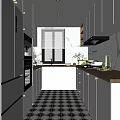 Modern Kitchen Interior With White Cabinets Marble Countertops Checkered Floor And Window Blinds