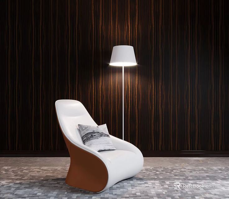 White Modern Accent Chair With Curved Pillow And Floor Lamp Against Dark Wood Grain Wall 3d model 