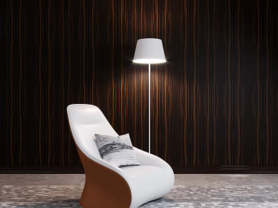 White Modern Accent Chair With Curved Pillow And Floor Lamp Against Dark Wood Grain Wall 3d model