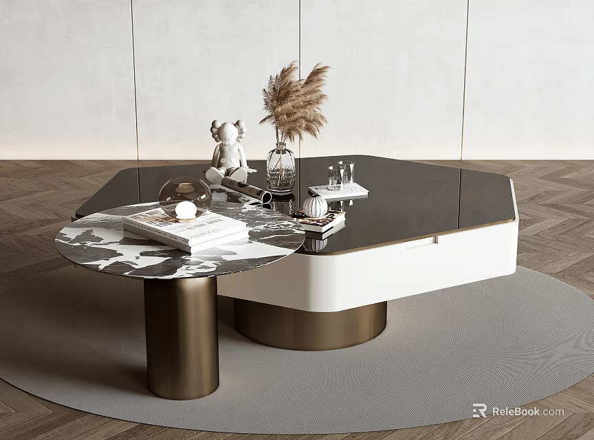 Modern Hexagonal Coffee Table With Marble Top Metal Base And Decorative Books Dried Flowers 3d model 