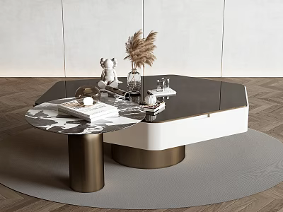 Modern Hexagonal Coffee Table With Marble Top Metal Base And Decorative Books Dried Flowers 3d model