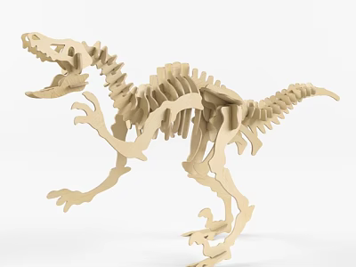 Handmade Wooden Dinosaur Skeleton Model In Light Color Dynamic Pose 3d model