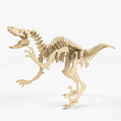 Handmade Wooden Dinosaur Skeleton Model In Light Color Dynamic Pose 3d model