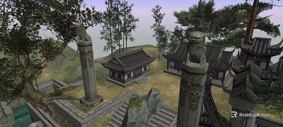 Ancient Chinese Architecture With Stone Pillars Traditional Tiled Roofs And Courtyard 3d model 