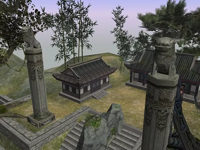 Ancient Chinese Architecture With Stone Pillars Traditional Tiled Roofs And Courtyard 3d model